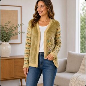 Storybook Knits Cardigan Sweater Women Medium Tan‎ Faux Fur Floral Fair Isle Zip